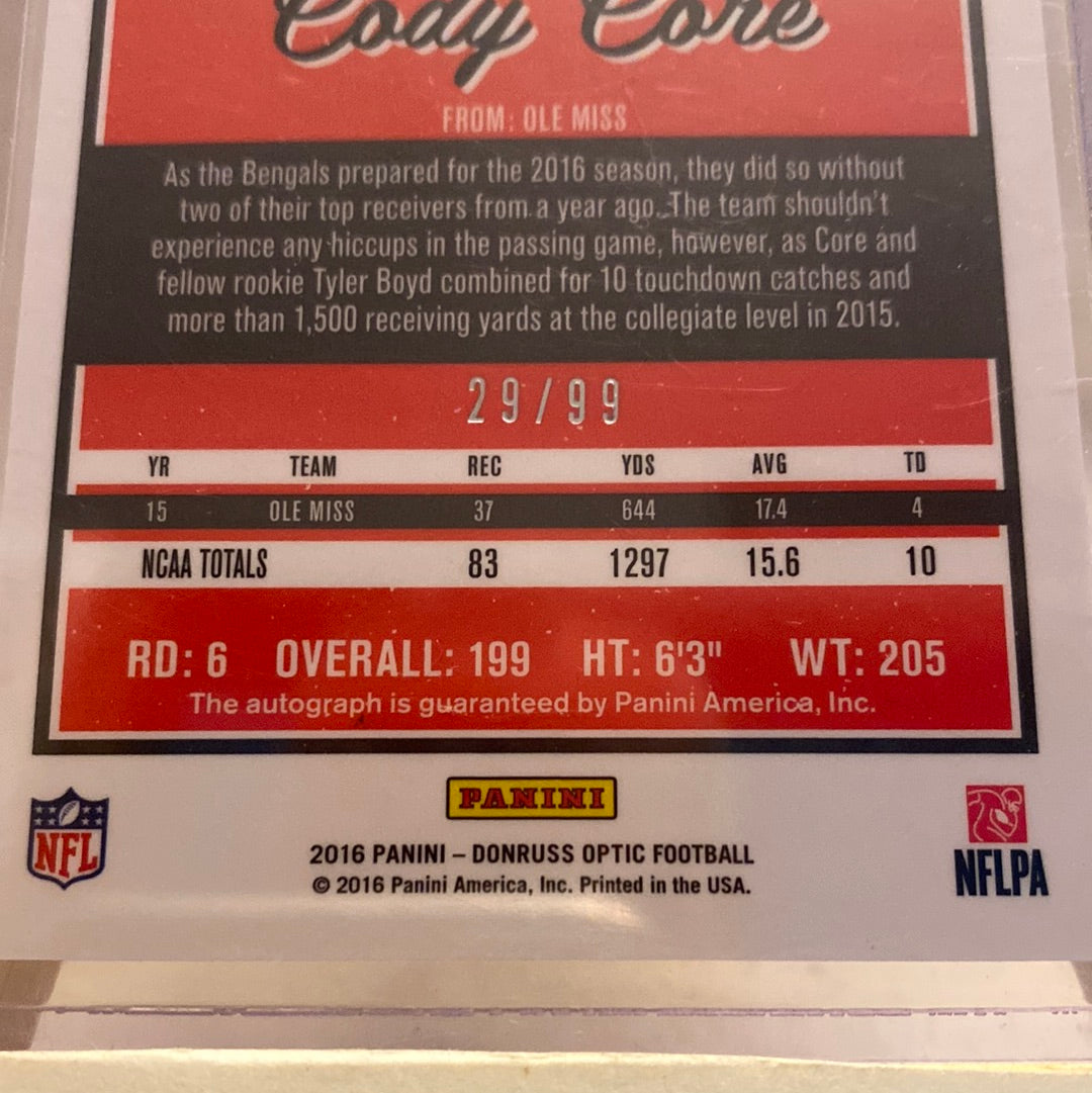 2016 Donruss Optic Holo Signatures 29/99 Cody Core #110 Rookie Auto RC Trading Card