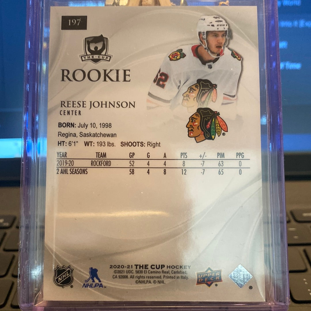 2020-21 UD The Cup Hockey Rookie /249 - REESE JOHNSON - #197 Blackhawks Trading Card