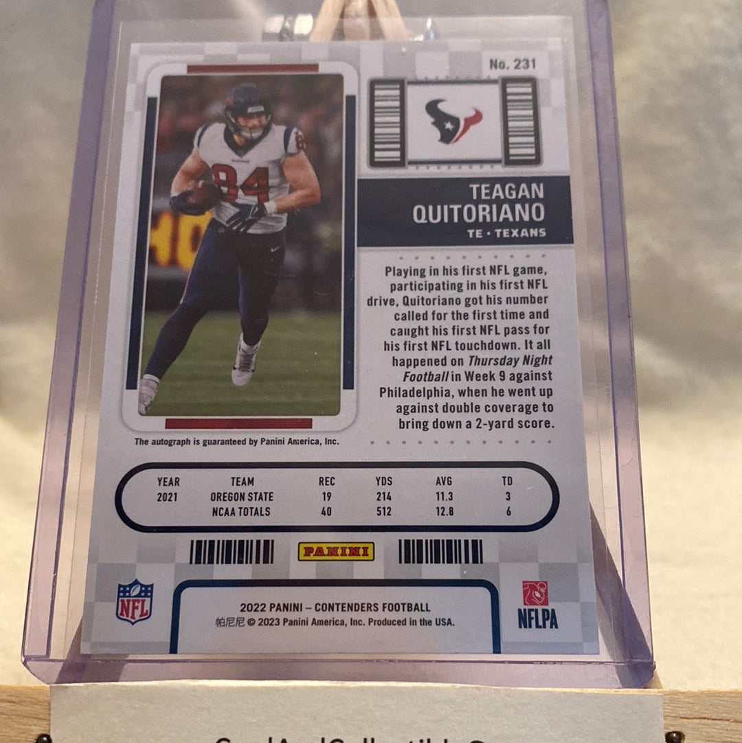 2022 PANINI CONTENDERS #231 TEAGAN QUITORIANO ROOKIE TICKET AUTO TEXANS RC Trading Card