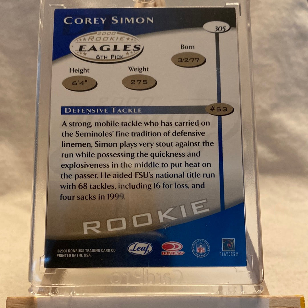 2000 PRESS PASS COREY SIMON FL State Eagles Autographed Donruss #305 Trading Card