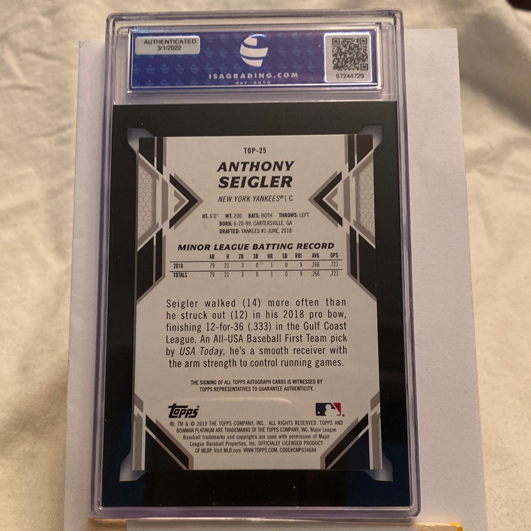 2019 Bowman Platinum Anthony Seigler Autographed ISA10 trading card