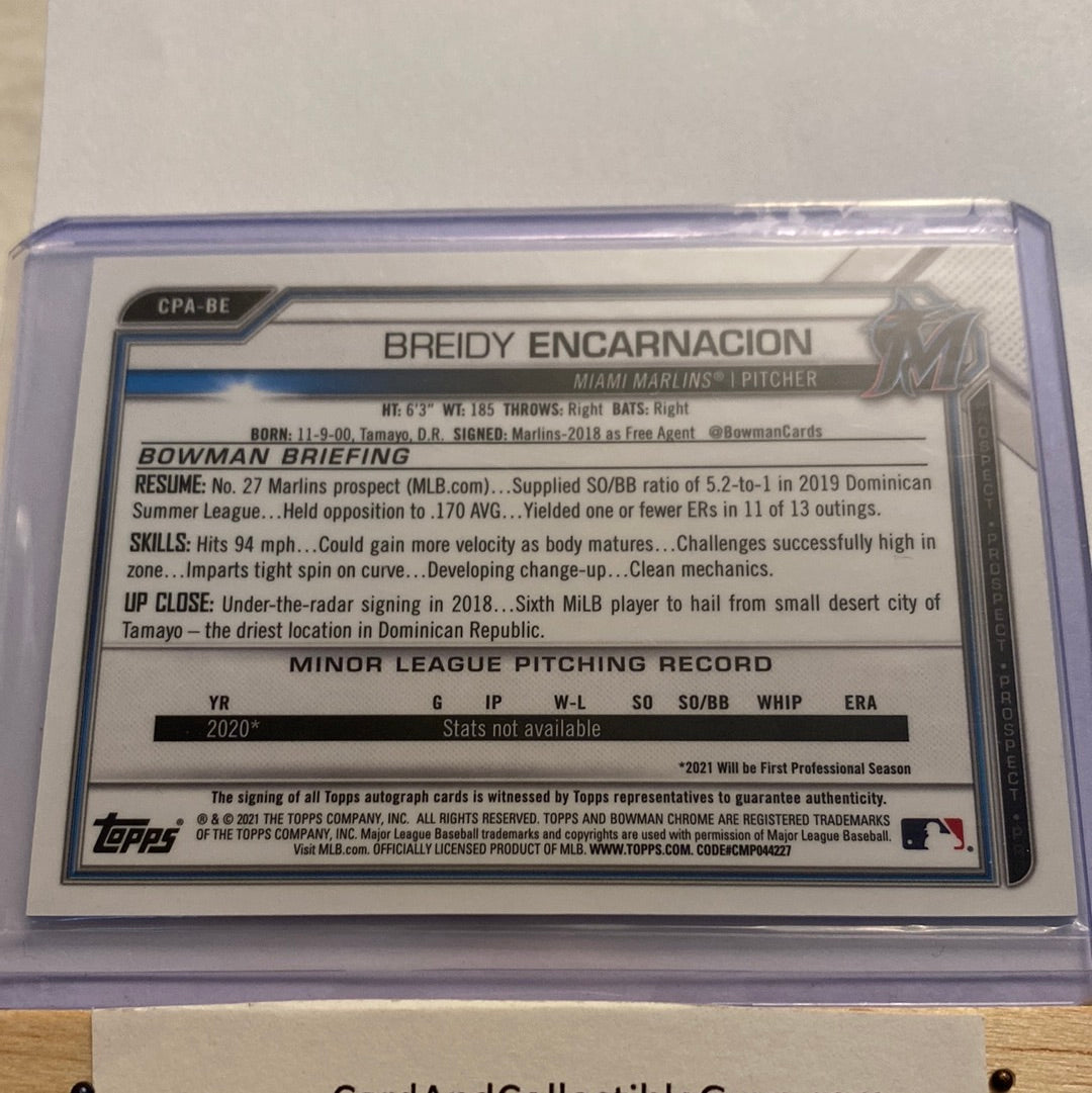 2021 Bowman Chrome Breidy Encarnacion Speckle Refractor /299 Autographed trading card