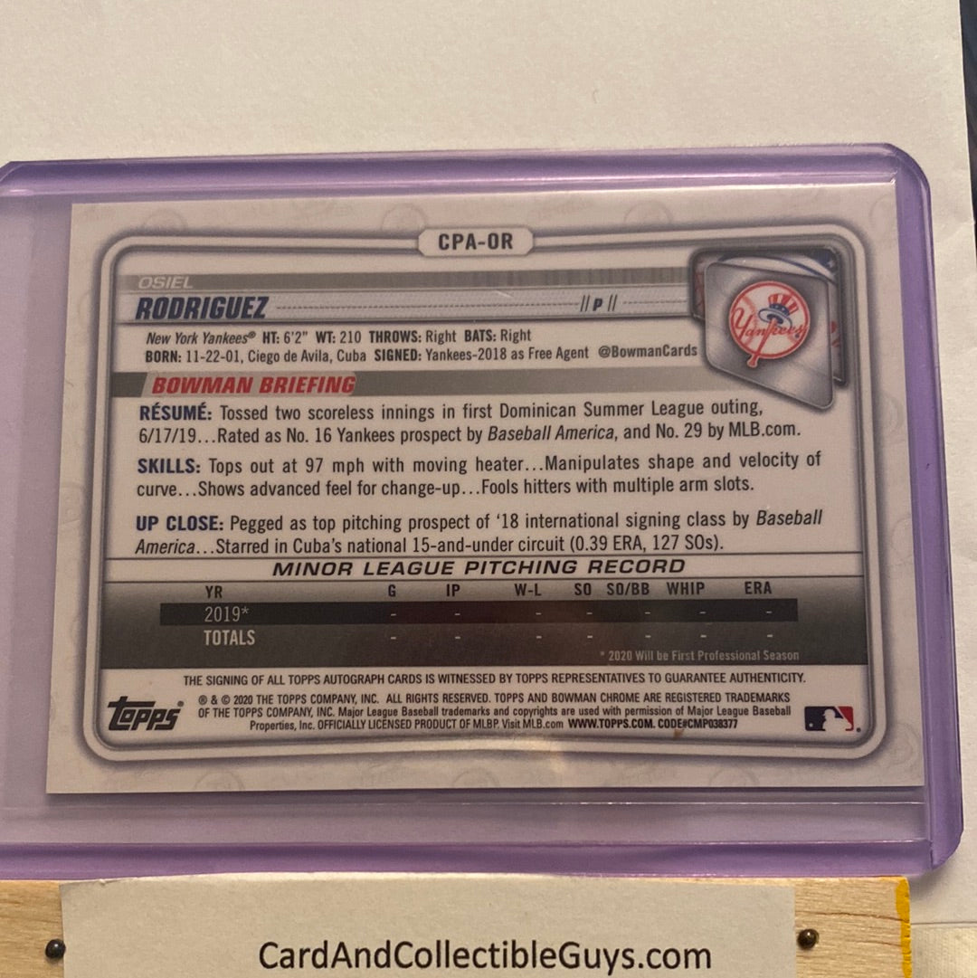 2020 Bowman Chrome Osiel Rodriguez Green Autographed trading card