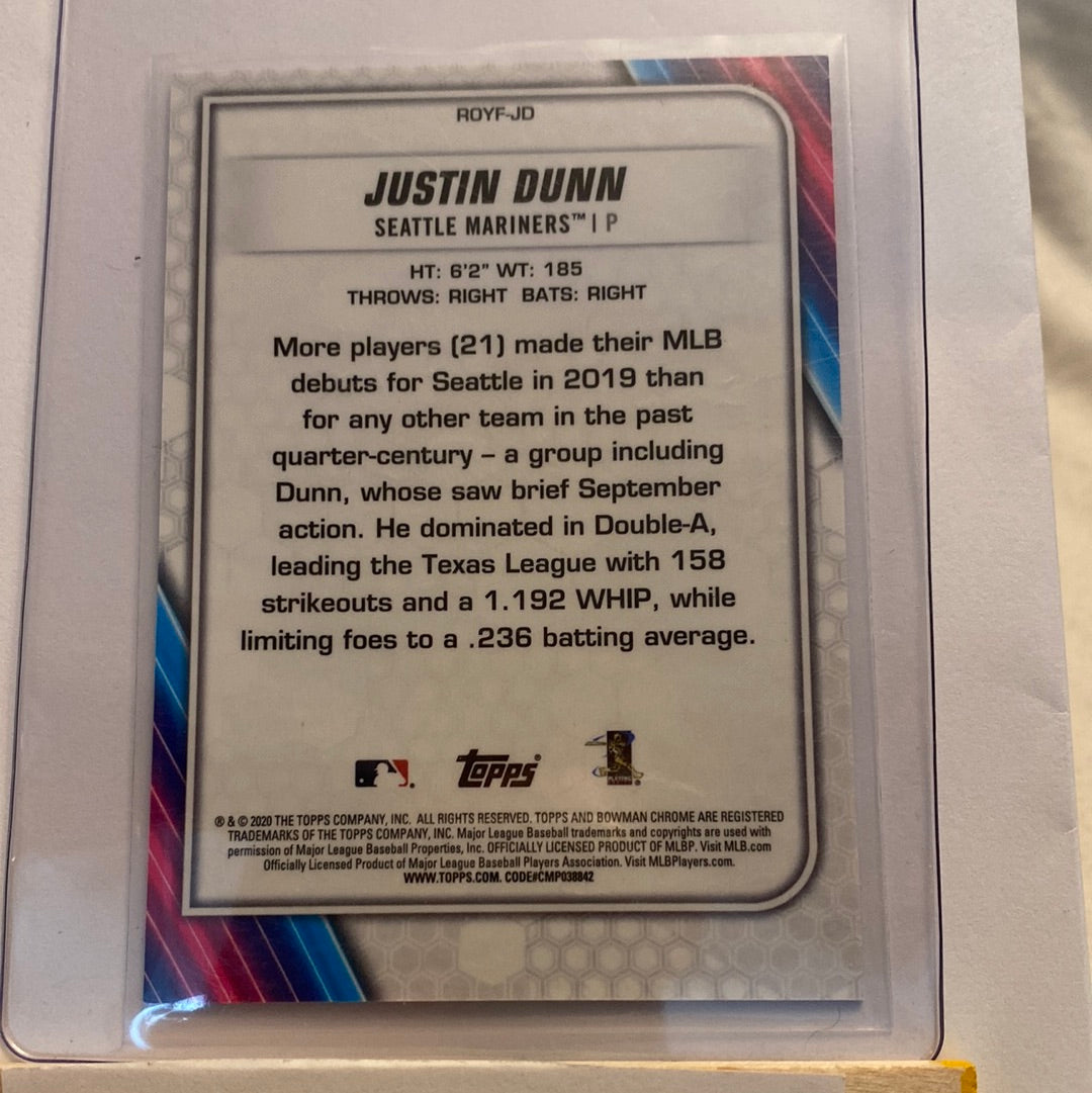 2020 Bowman Chrome ROYF Justin Dunn Purple Mojo /250 trading card