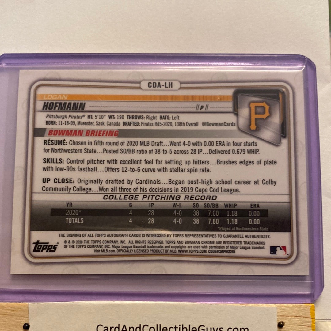 2020 Bowman Chrome Logan Hofmann Autographed green /99 Trading card