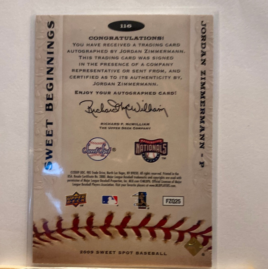 2009 Upper Deck Jordan Zimmermann Autographed rookie trading card