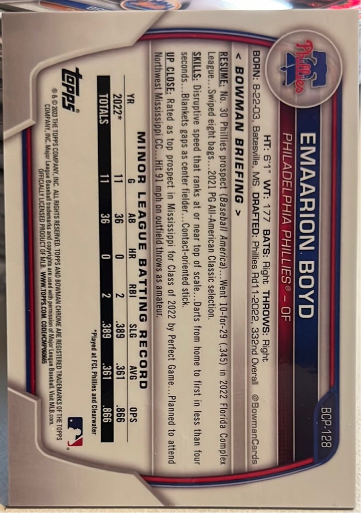 2023 Bowman Baseball Emaarion Boyd Chrome Trading Card