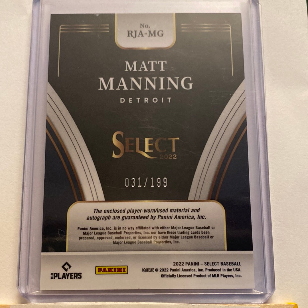2022 Panini Select Matt Manning Relic Autographed trading card
