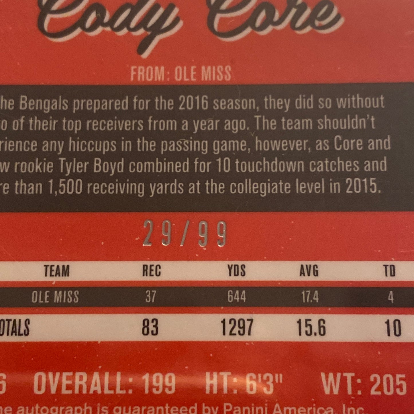 2016 Donruss Cody Core Auto /99 trading card