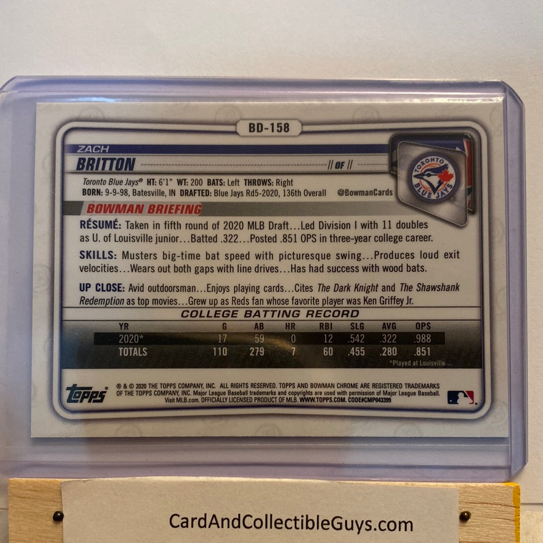 2020 Bowman Chrome Sapphire Zach Britton trading card