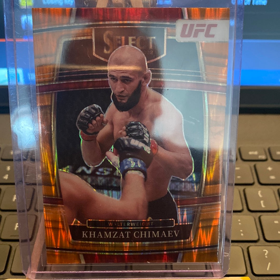 2022 Panini UFC Select Khamzat Chimaev Orange Flash Holo Prizm #39 Concourse Trading Card