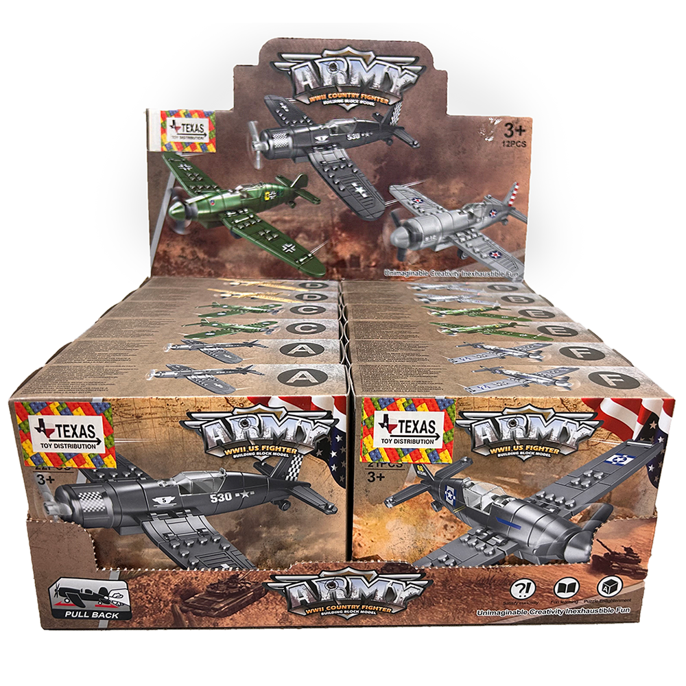 Model Bricks: WWII Fighter Plane Building Brick Pull-Back Display Set