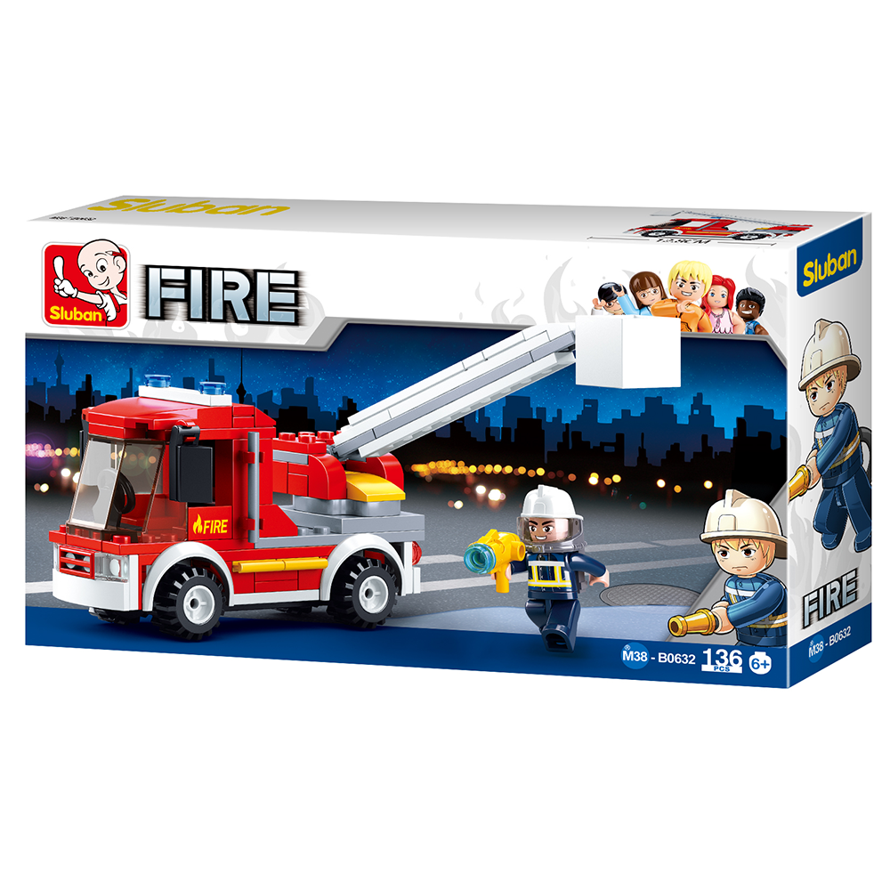 Model Bricks: Small Fire Truck with Ladder Building Brick Kit (136 Pcs)