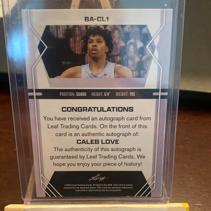 2022-23 Leaf Draft Caleb Love RC AUTO SILVER /99 North Carolina Trading Card