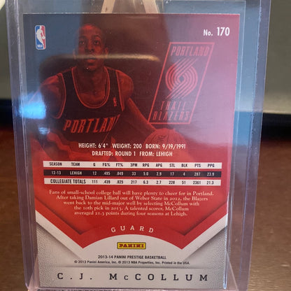 2013-14 Panini Prestige #170 C. J. McCollum Rookie RC Portland Trail Blazers Trading Card