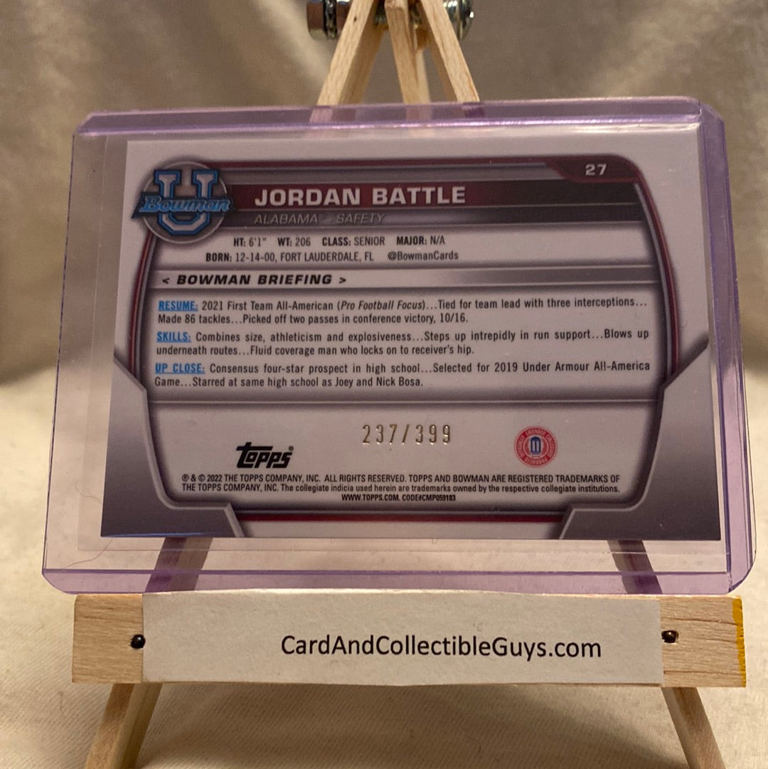 2022 Bowman University Chrome Base Purple Mini Diamond #27 Jordan Battle /399 Trading Card