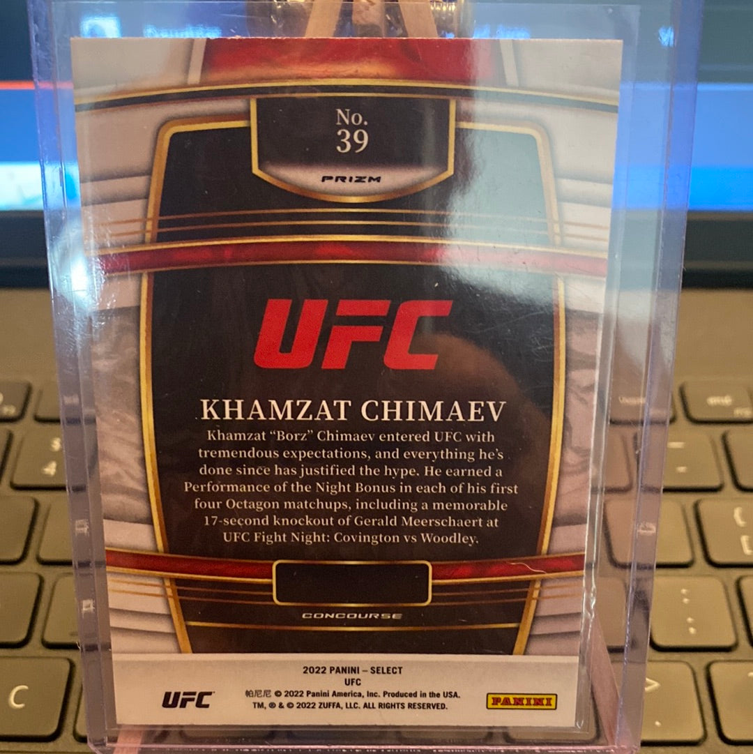 2022 Panini UFC Select Khamzat Chimaev Orange Flash Holo Prizm #39 Concourse Trading Card