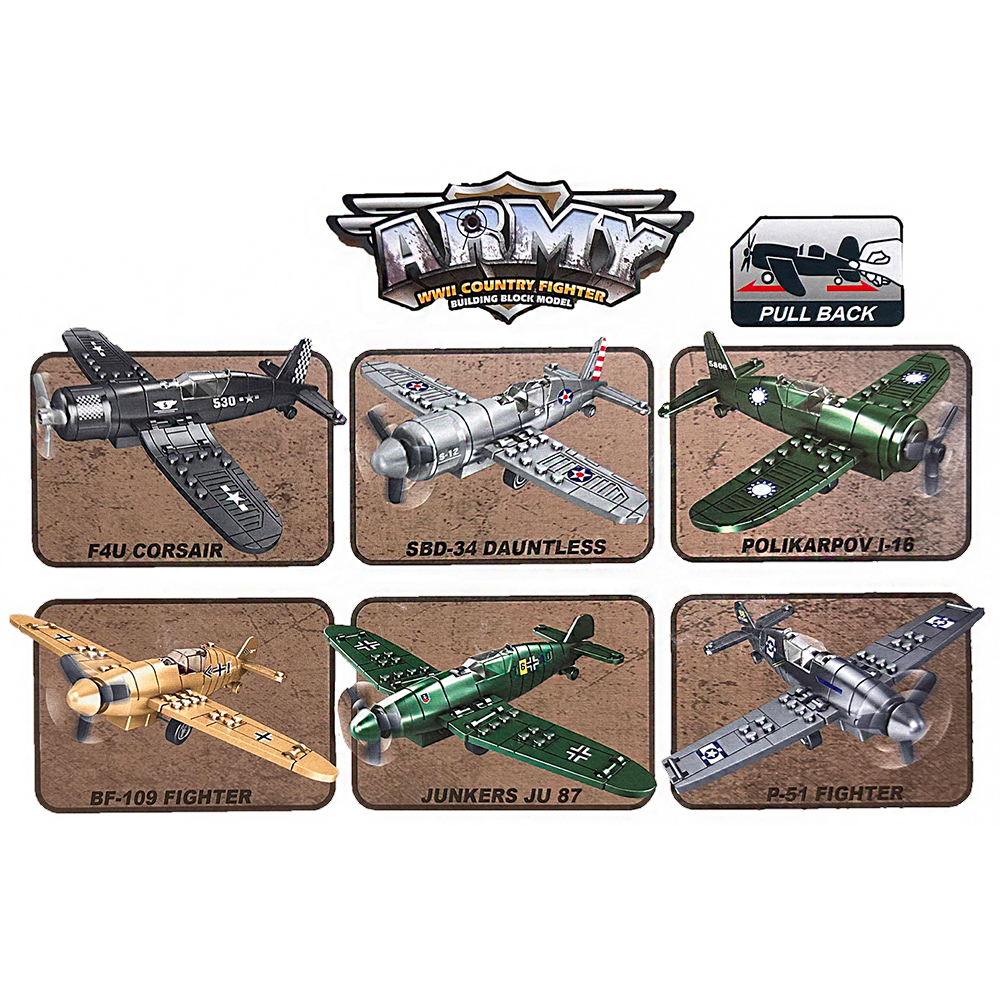 Model Bricks: WWII Fighter Plane Building Brick Pull-Back Display Set