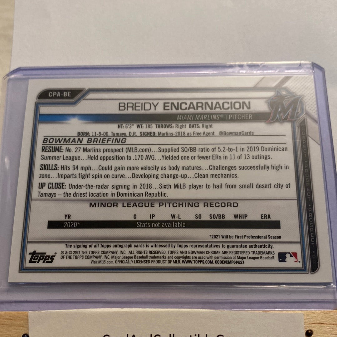 2021 Bowman Chrome  Breidy Encarnacion Speckle Refractor /299 Autographed trading card