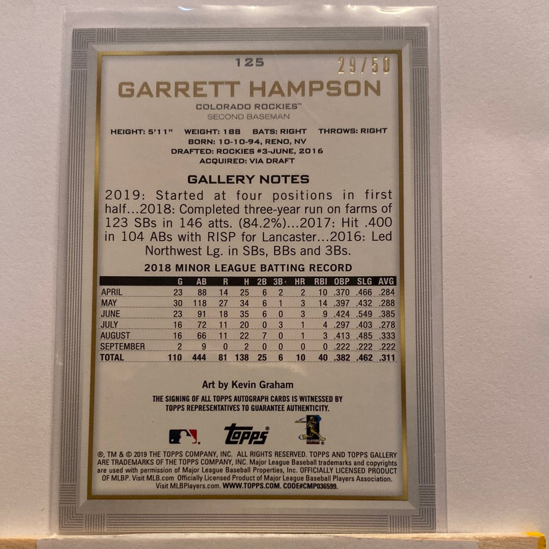 2019 Topps Gallery Garrett Hampson Autographed /50 trading card