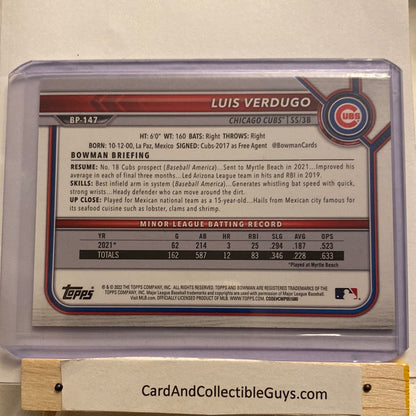 2021 Bowman Prospect Luis Verdugo Purple trading card