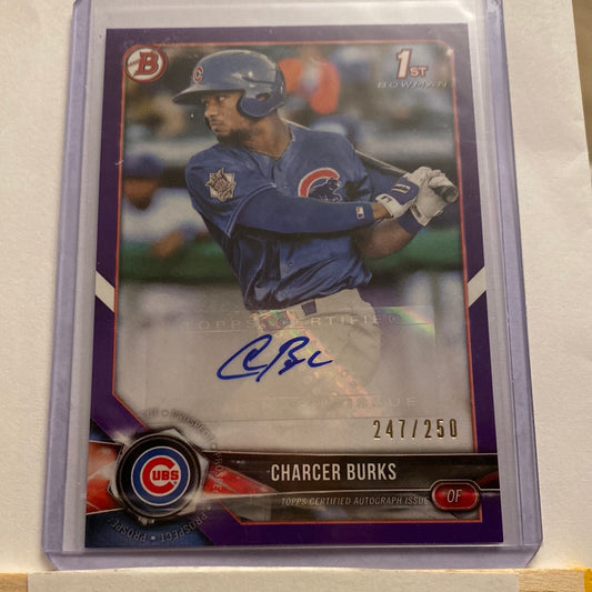 2018 Bowman Prospect Charcer Burks purple Autograph /250 trading card