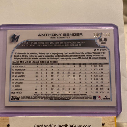 2022 Topps Chrome Anthony Bender Aqua Wave Refractor /199 trading card