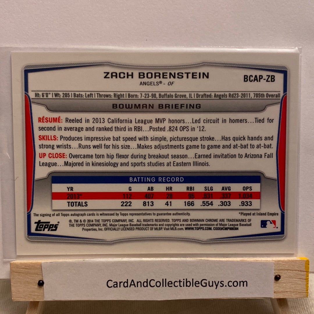 2014 Bowman Baseball Chrome Zach Borenstein Autographed trading card