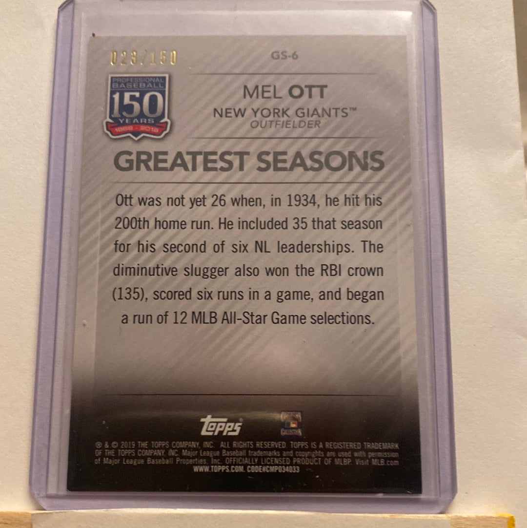 2019 Topps Mel Ott greatest seasons /150 trading card