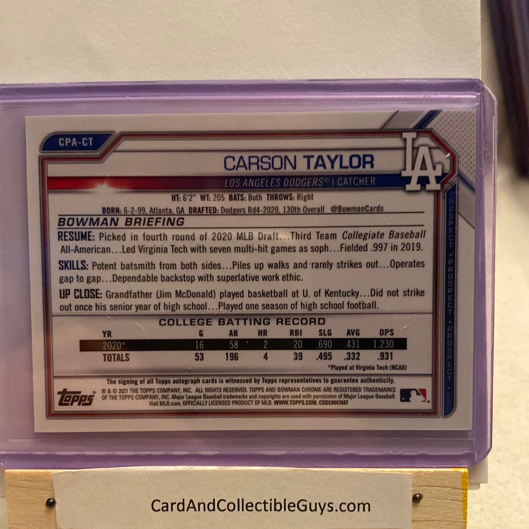 2021 Bowman Chrome Carson Taylor Autographed trading card