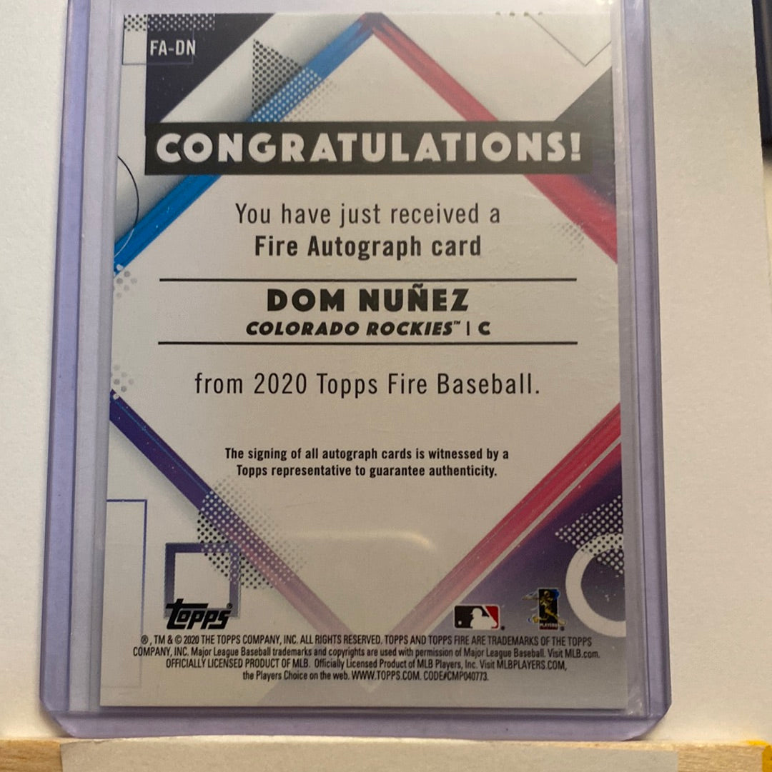 2020 Topps Fire Dom Nunez Autographed trading card