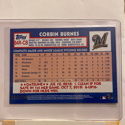 2019 Topps 1984 parallel Corbin Burnes /299 trading card