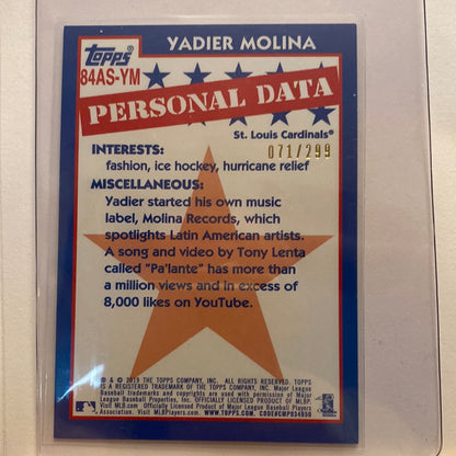 2019 Topps Yadier Molina ‘84 parallel /299 trading card