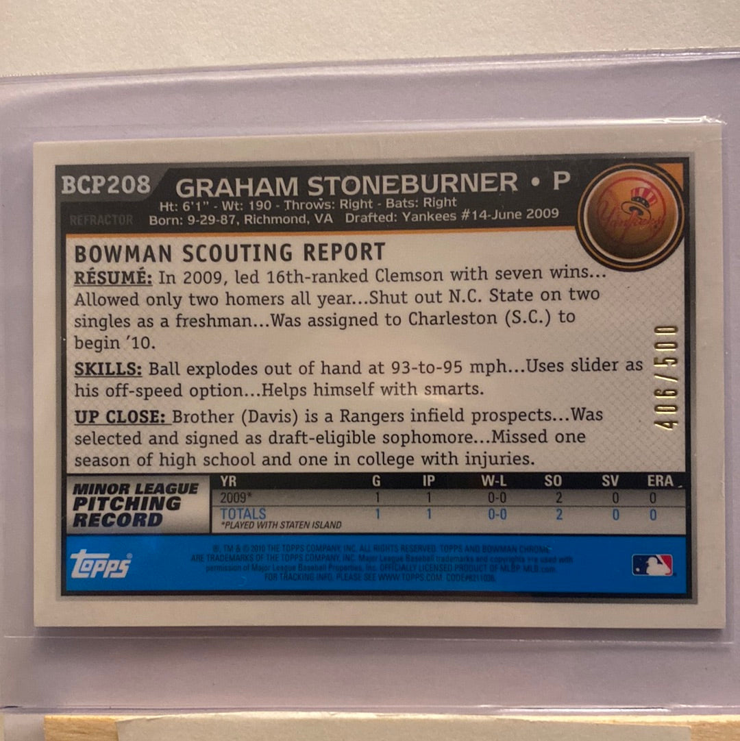 2010 Bowman Baseball Chrome Graham Stoneburner Autographed Trading Card