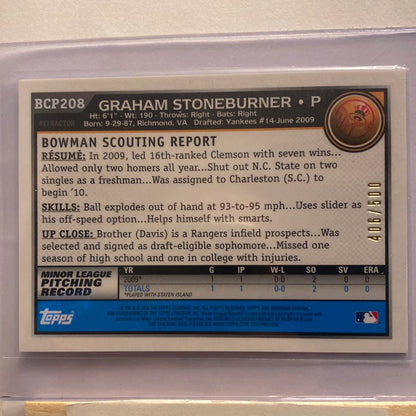 2010 Bowman Baseball Chrome Graham Stoneburner Autographed Trading Card