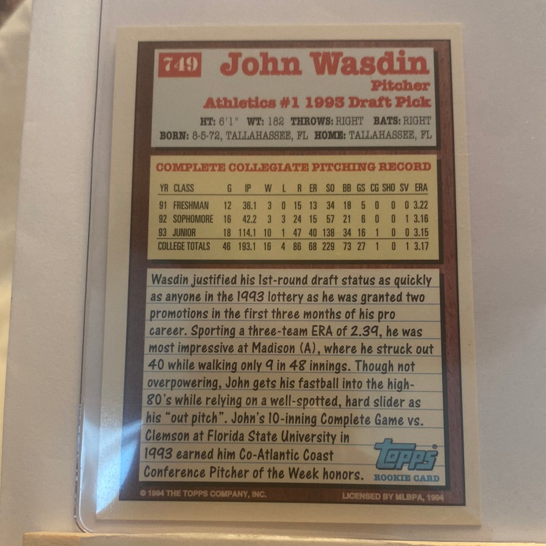 1993 Topps John Wasdin draft pick Autographed trading card